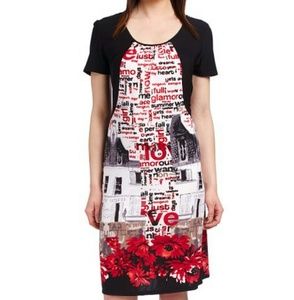 Red & Black Floral Text Scoop-Neck Dress